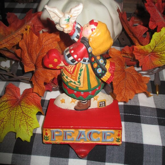 HTF Mary Engelbreit Cast Iron Stocking Hanger Christmas PEACE Girl Dove Holder - Picture 1 of 6